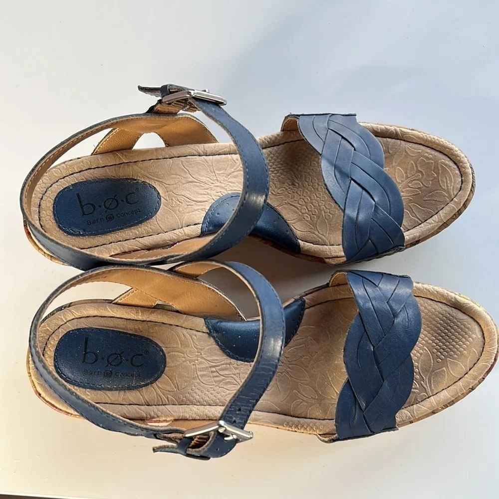 Born BOC Blue Leather Braided Strap Cork Floral Wedge Sandals Size 9